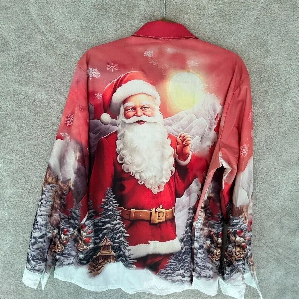 Santa Christmas Printed Polyester Long Sleeve Shirt Mens 3XL Holiday Party